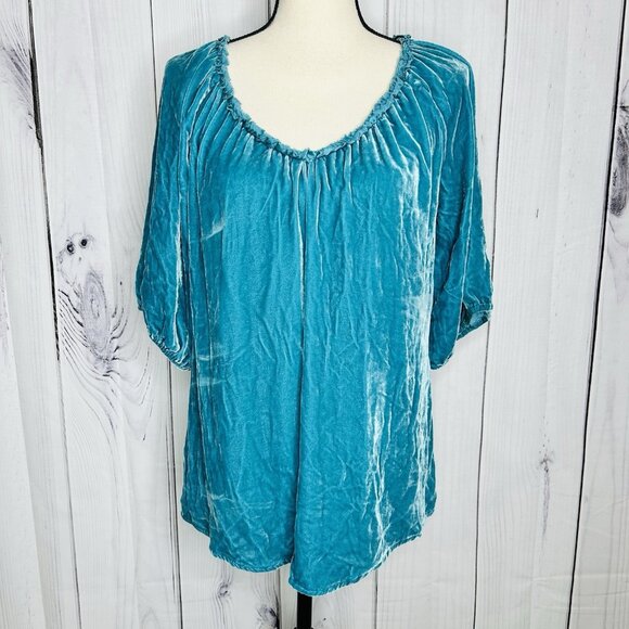 Sundance Velvet Silk Top Size M Teal Blue Ruffle Pullover Boho Chic - Picture 1 of 11